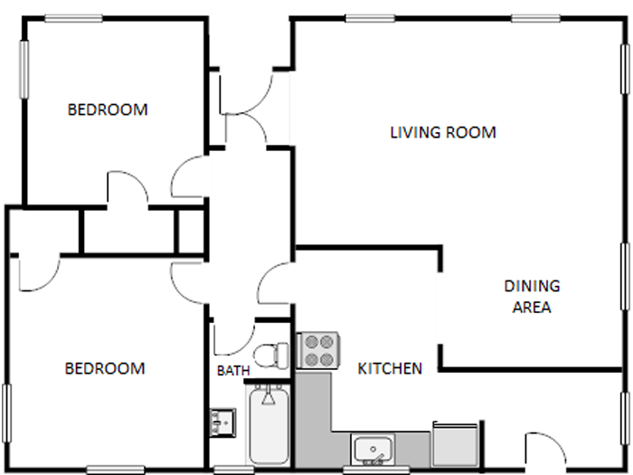 Floor plan for 2 beds, 1 bath, 850 sqft